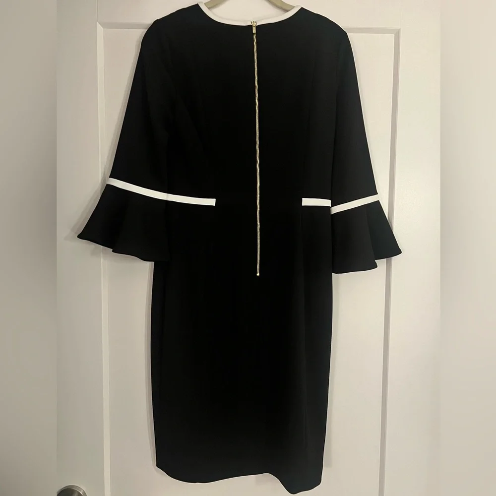 Calvin Klein Black Dress with Bell Sleeve and white piping detail, size 6 - Picture 6 of 8